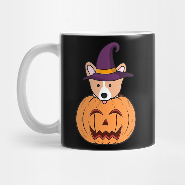 Halloween Cute Corgi With Witch Hat Stuck In A Pumpkin Head. by Candaria